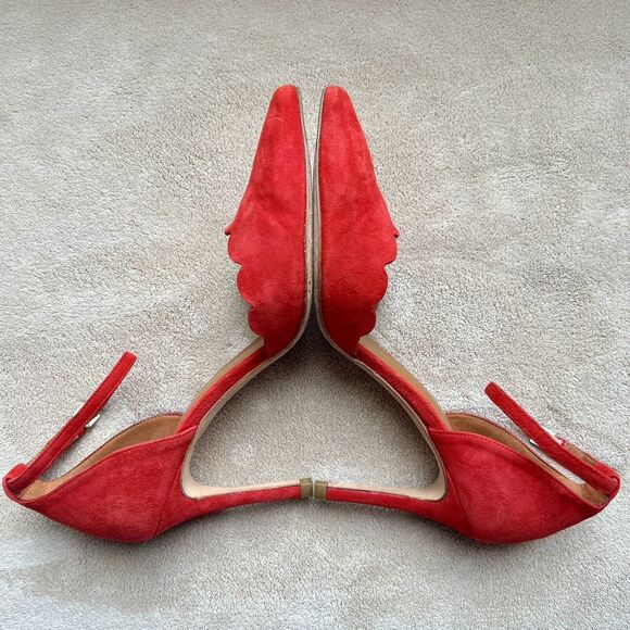 Minelli Spain Red Suede Scalloped Edge Pump Heel Ankle Strap Women EU 38 US 7.5 - Picture 4 of 16